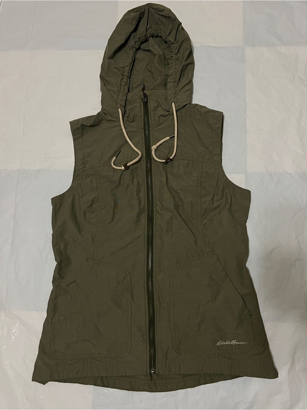 Eddie Bauer Hooded Utility Vest Olive Green Full Zip Lightweight Womens M